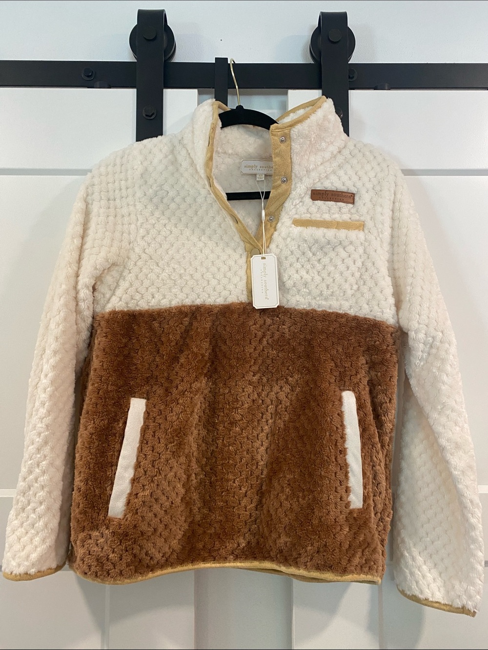Cozy Colorblock Sherpa Pullover Jacket - Cream & Brown size XS